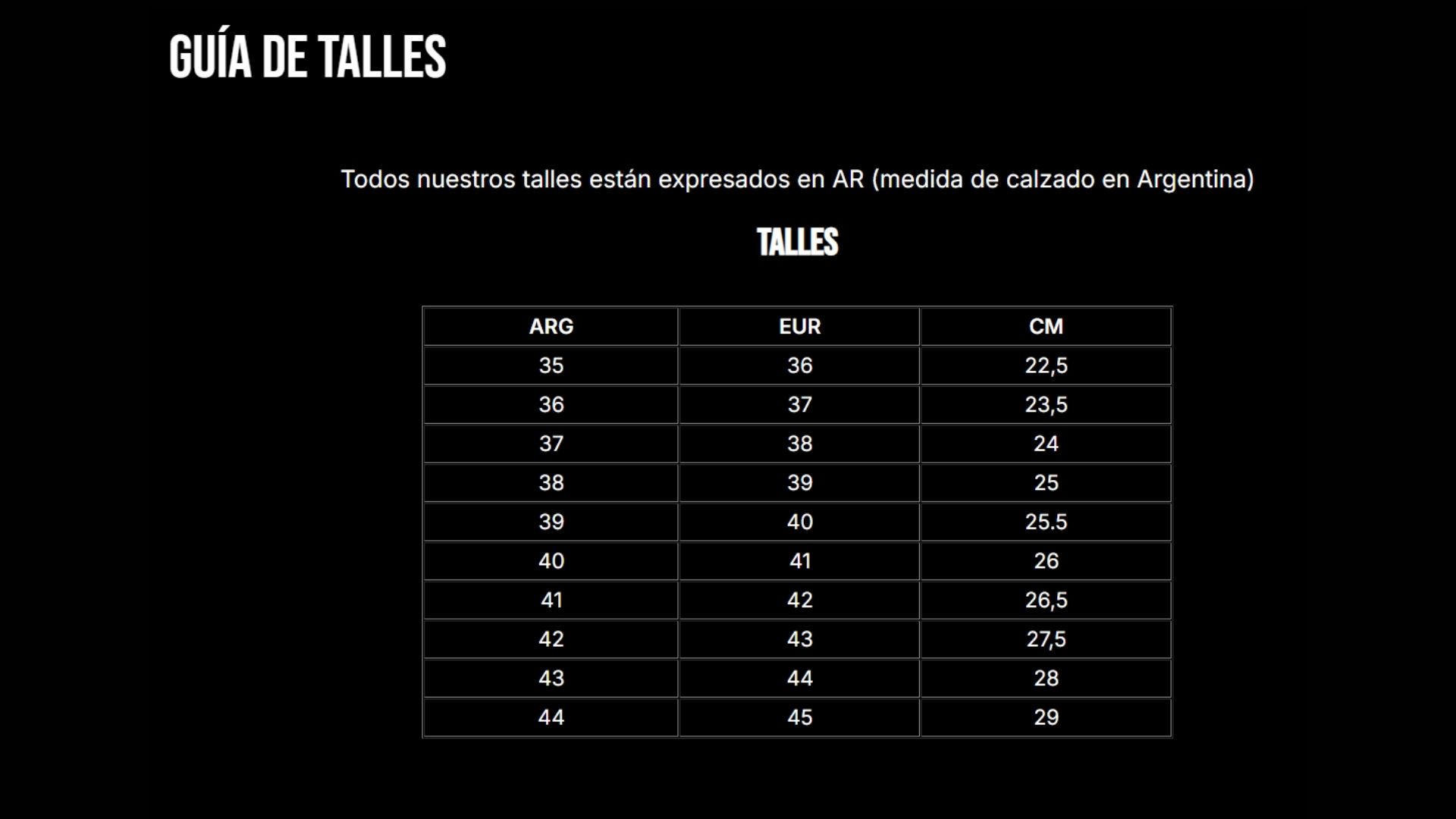 Guia de talles ARG, EUR y CM